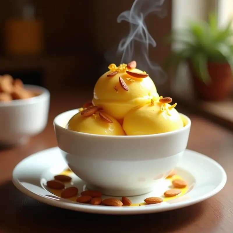 Copa de gelato italiano cremoso de color dorado intenso por el azafrán, decorado con almendras fileteadas tostadas y hebras de azafrán. Textura sedosa y brillo natural, servido sobre un plato de porcelana blanca con fondo borroso de cocina rústica.