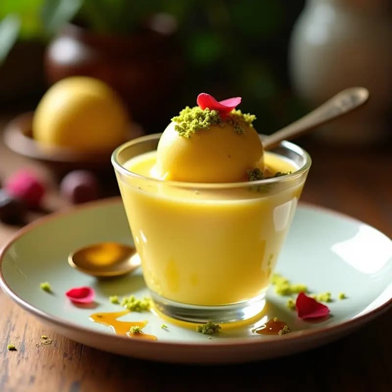 Copa de gelato cremoso de color dorado con vetas de azafrán, decorado con virutas de pistacho tostado y un hilo de sirope de misugru, postre iraní vegano elegante.