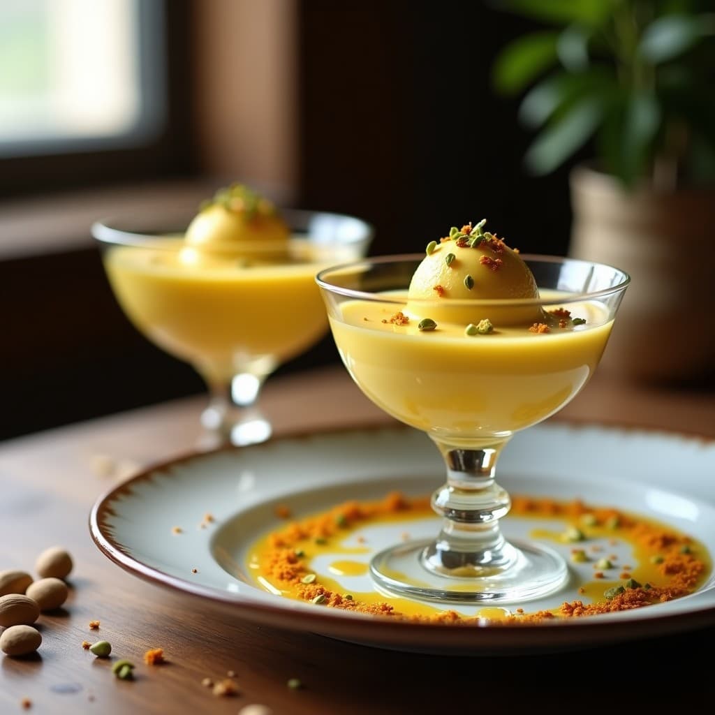 Copas de cristal con gelato de azafrán y pistacho sin lácteos, decorado con pistachos picados y un hilo de sirope dorado sobre fondo de madera rústica. El helado muestra un color dorado intenso con vetas verdes de pistacho.