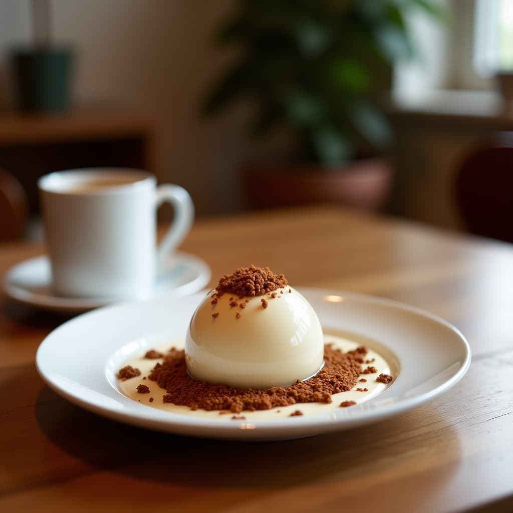 Copa de cristal transparente con gelato de café color crema, trozos de dátiles dorados y almendras fileteadas tostadas espolvoreadas con cacao puro, sobre fondo de madera rústica con granos de café esparcidos.