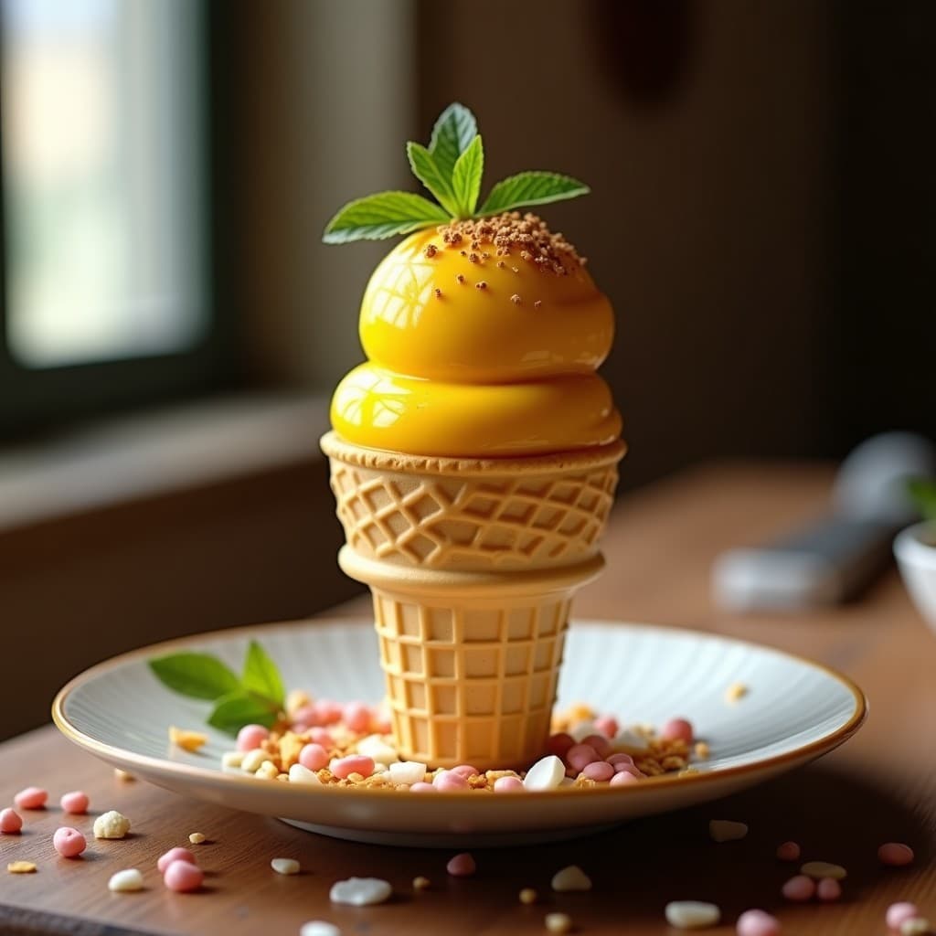 Cucurucho de barquilla dorada con una bola de gelato de cúrcuma y pimienta rosa, de color amarillo dorado y textura cremosa, decorado con pimienta rosa molida y virutas de coco tostado sobre fondo rústico de madera.
