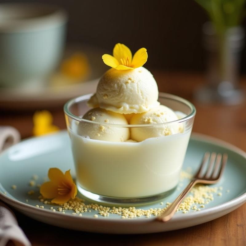 Copa de gelato italiano cremoso de color blanco marfil con vetas doradas, decorado con semillas de amapola y pétalos de flor de calabaza, servido sobre fondo rústico de madera.