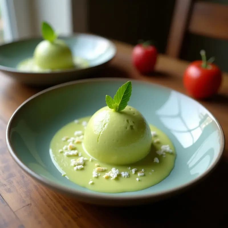 Cucurucho de barquillo crujiente lleno de gelato de matcha y coco vegano, con copos de coco tostados y semillas de chía espolvoreados. Fondo borroso con hojas de menta y una cuchara de madera. Postre italiano sin lactosa con toque exótico.