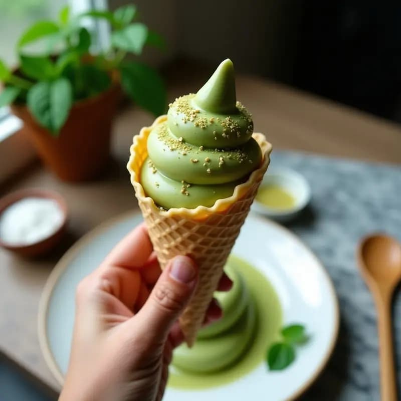 Cucurucho de gelato artesanal vegano de color verde esmeralda con vetas de semillas de amapola azules, servido sobre un plato de cerámica blanca con fondo de madera rústica y hojas de menta fresca.