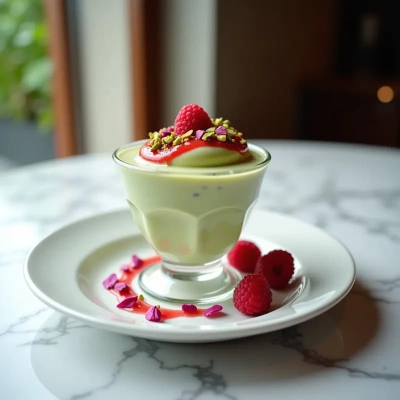 Copa de cristal transparente con gelato cremoso de pistacho y rosa, coronado con salsa de frambuesa brillante y decorado con pétalos de rosa y pistachos picados. Postre italiano sin azúcar sobre fondo de mármol blanco.