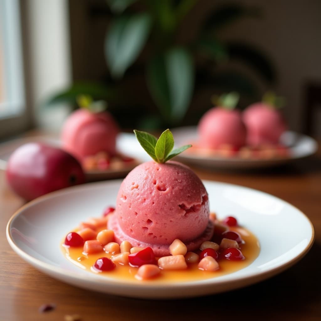 Copa de gelato italiano cremoso de color rosa vibrante con vetas verdes de albahaca, coronado con crujiente dorado de semillas de chía. Presentación elegante sobre fondo blanco con hojas de albahaca fresca.
