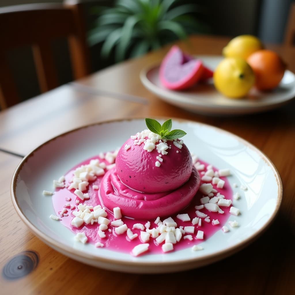 Copas de gelato italiano de color rosa vibrante con vetas de pitaya y limón, coronado con virutas de coco doradas tostadas. Postre sin azúcar servido en platos blancos sobre una mesa de madera con fondos de cocina moderna.