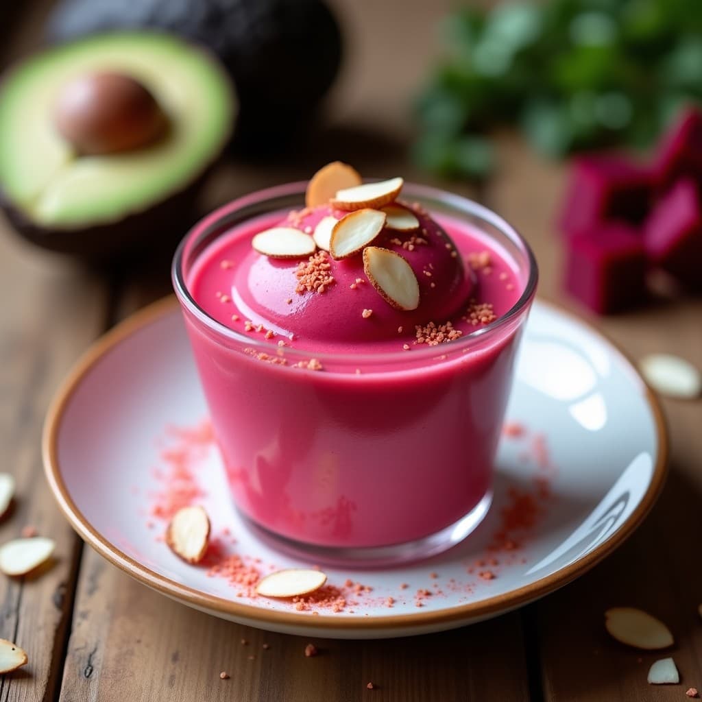 Copa de cristal transparente con gelato de remolacha y pimienta rosa keto, de color rosa intenso y textura cremosa, decorado con almendras fileteadas tostadas y un toque de pimienta rosa molida en la superficie. Fondo borroso con ingredientes como remolacha, aguacate y pimienta rosa.