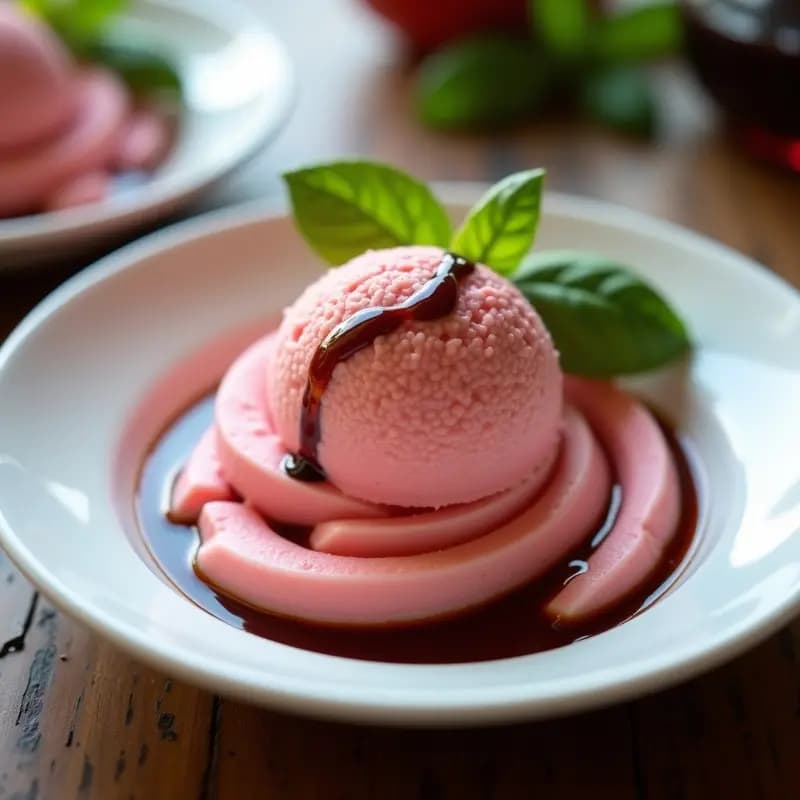 Copa de gelato cremoso de color rosado con vetas oscuras de vinagre balsámico, decorado con hojas de albahaca fresca y un hilo de vinagre balsámico por encima. Postre italiano refreshing y sin lácteos, servido en un plato blanco sobre fondo rústico de madera.