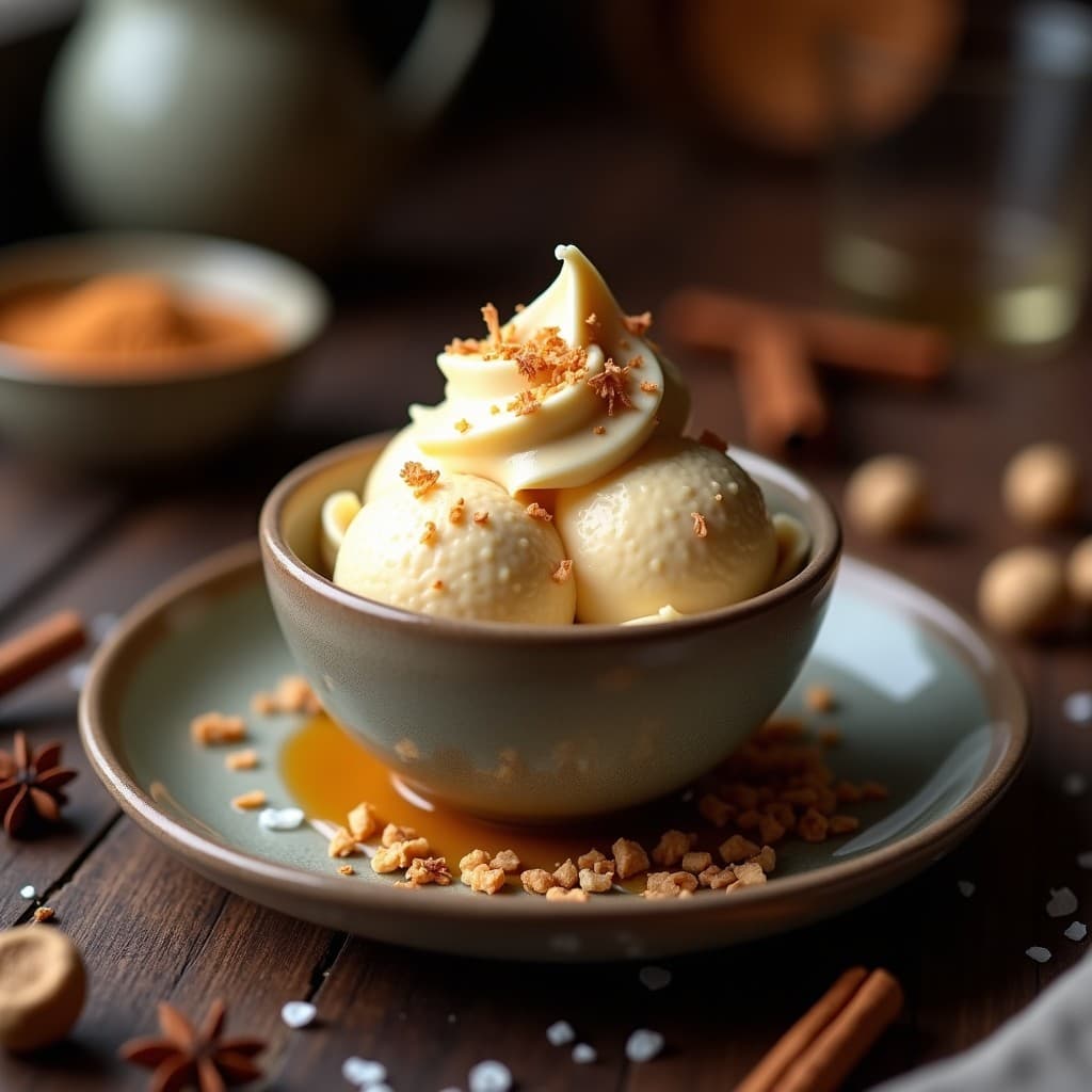 Copa de gelato italiano cremoso de color beige claro con vetas de caramelo salado dorado, decorado con coco rallado tostado y una pizca de sal marina en escamas, sobre fondo rústico de madera con especias de chai al lado.