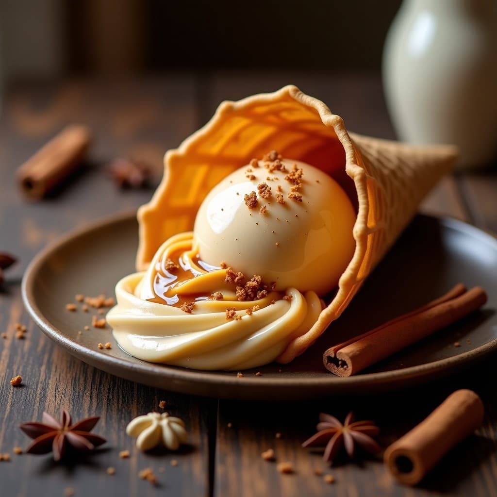 Cucurucho de barquilla relleno de gelato de té chai y caramelo salado sin lácteos, con vetas doradas y trozos de caramelo visible, sobre fondo de madera rústica con especias esparcidas.