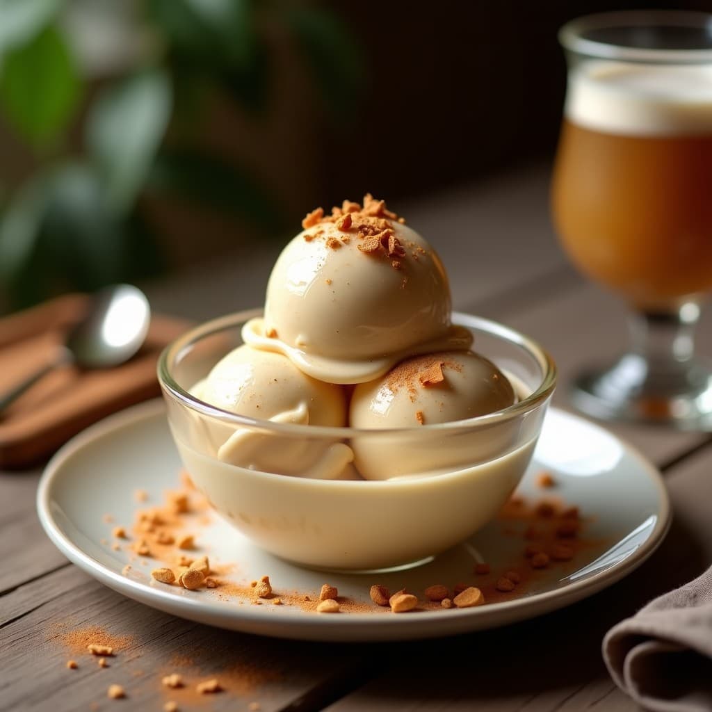 Copa de gelato italiano cremoso de color beige claro con vetas doradas de especias, servido sobre fondo rústico de madera. Toppings de canela en polvo y virutas de coco tostado. Receta de gelato de té chai y leche de cípio sin lácteos ni azúcar.