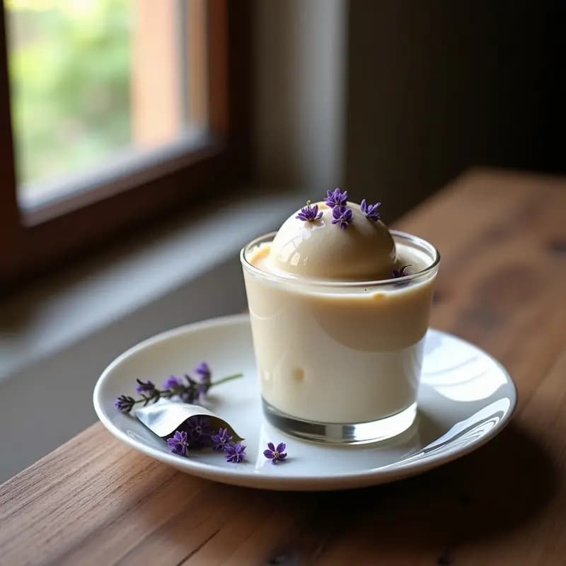 Copa de cristal con gelato cremoso de color beige claro, decorado con pétalos de lavanda y una bolsita de té Earl Grey al lado, sobre fondo rústico de madera.