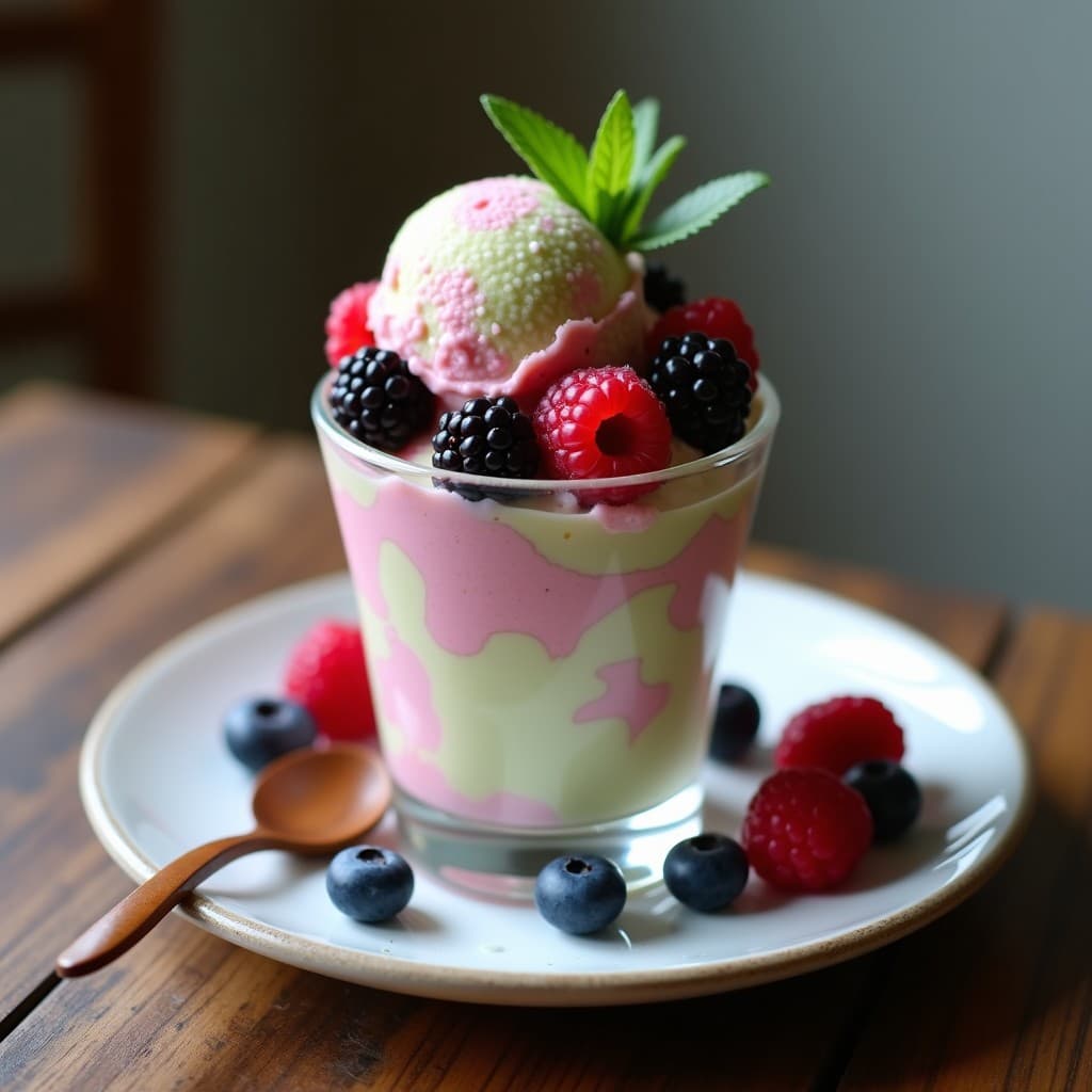 Copa de gelato italiano sin lactosa con vetas verdes de wasabi y trozos de frutos del bosque frescos, decorado con hojas de menta sobre fondo rústico de madera.