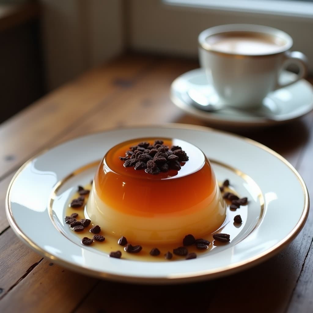 Gelée de café de achicoria con leche de almendras en copa de cristal transparente, decorada con cacao nibs y un toque de canela en polvo, sobre fondo blanco con detalles rústicos.