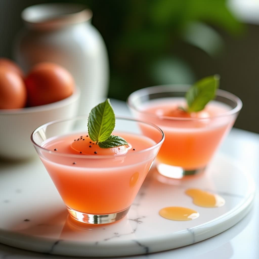 Copas de cristal transparente con gelée de lichi y basílico, de color rosado pálido y textura brillante, decorada con hojas de basílico fresco y un hilo de sirope de agave dorado. Postre vegano y sin azúcar sobre fondo blanco con detalles chinos.