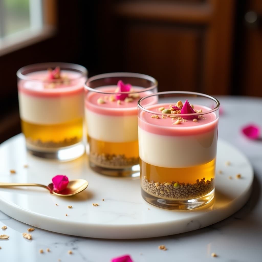 Copas de cristal transparente con gelée de lichi y rosa mosqueta en 3 capas: base dorada de lichi, centro rosado de rosa mosqueta y tope cremoso con semillas de chía. Decoradas con pistachos picados y pétalos de rosa comestibles. Postre chino sin azúcar elegante y refrescante.