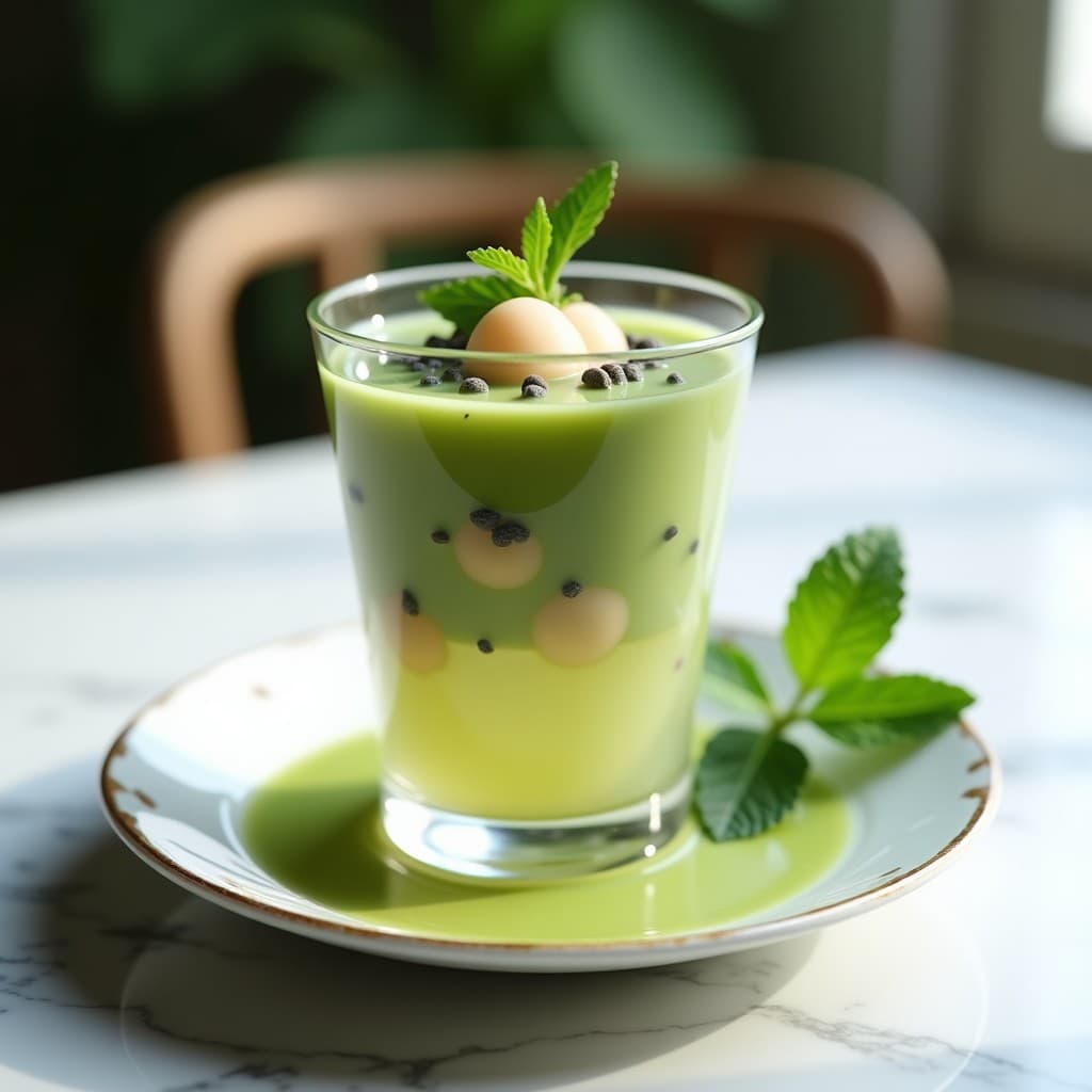 Copa de cristal con gelée de lichi y té verde matcha, decorada con semillas de chía oscuras en suspensión, rodajas de lichi fresco y hojas de menta. Postre chino sin azúcar y sin horno con textura transparente y capas visibles.