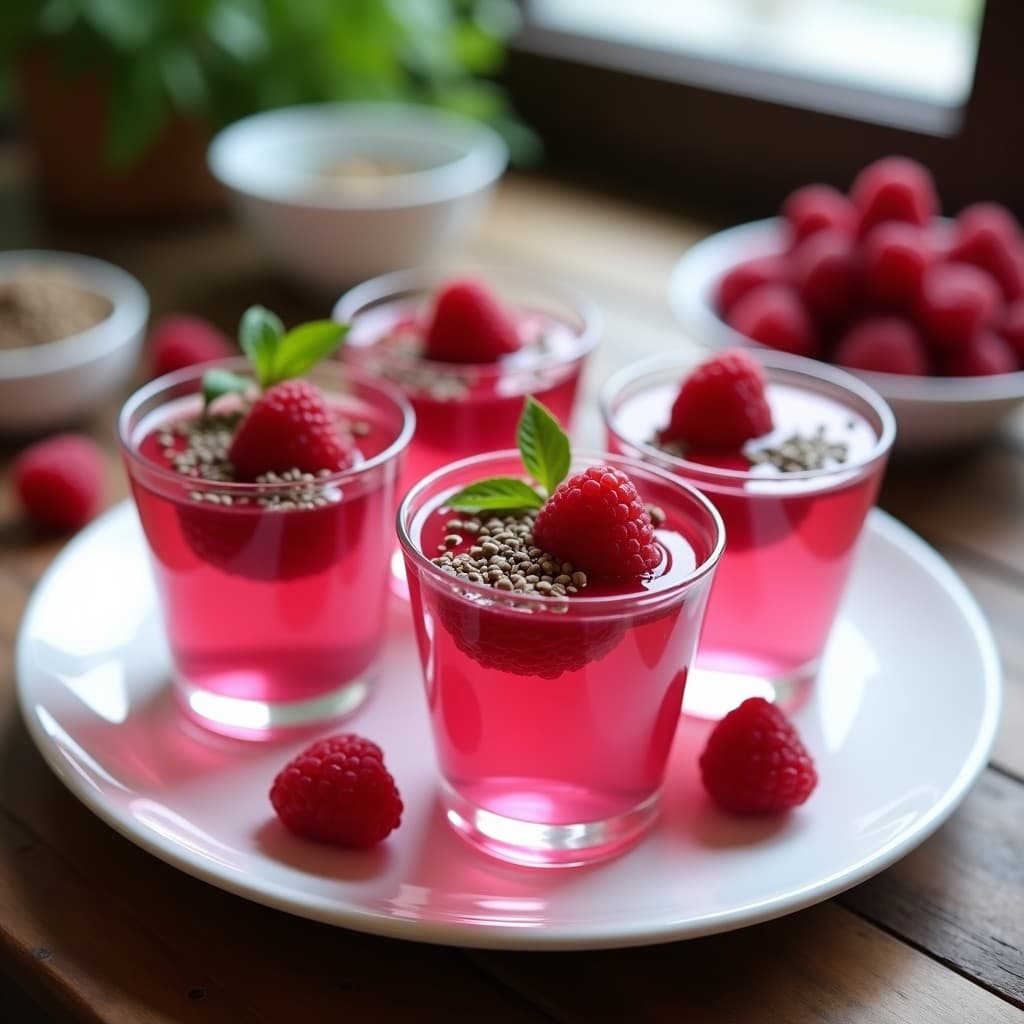 Copas de cristal transparente con gelée de marihuana de color rosado intenso, coronadas con frambuesas frescas y semillas de chía espolvoreadas. Postre relajante y antiinflamatorio con textura sedosa y brillo natural.