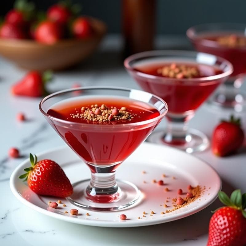 Gelée de vinagre balsámico con fresas y pimienta rosa servida en copas de cristal transparente, con decoración de pimienta rosa molida y gotas de reducción de vinagre balsámico, sobre fondo blanco.