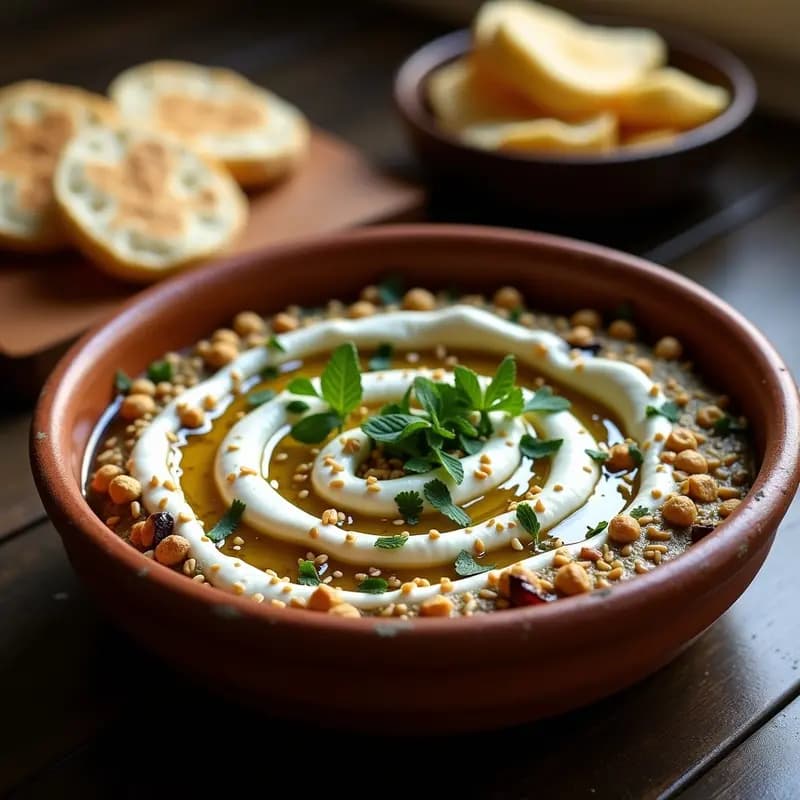 Plato de barro rústico con gmazos de berenjena ahumada cremosos, coronados con salsa de yogur blanco, semillas de sésamo doradas y hierbas frescas, acompañado de pan de pita tostado.