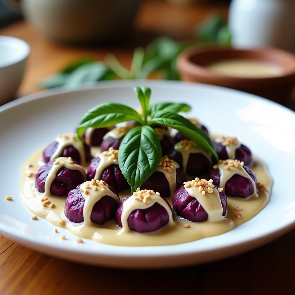 Plato blanco con gnocchi de batata morada y espinacas, bañados en salsa de tahini cremosa, decorados con semillas de sésamo y hojas de espinaca fresca. Receta italiana sin gluten en Thermomix.