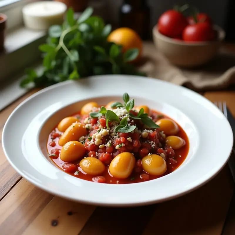 Plato blanco elegante con gnocchi de batata morada de color vibrante, bañados en una salsa cremosa de gorgonzola y decorados con nueces tostadas picadas y hojas de salvia. Receta italiana gourmet de gnocchi de batata morada con salsa de gorgonzola y nueces.