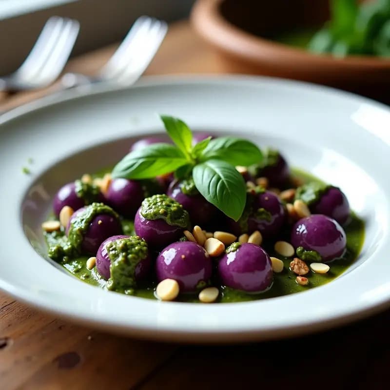 Plato blanco con gnocchi de batata morada de color lila intenso, bañados en pesto de albahaca negra verde oscuro, decorados con piñones tostados y hojas de albahaca fresca. Receta sin gluten y vegana.