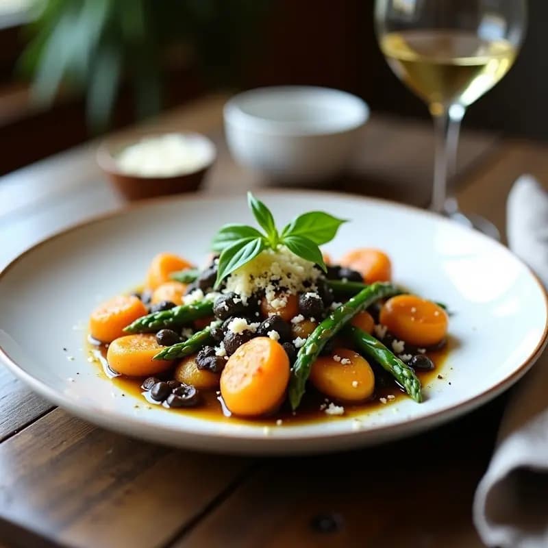 Plato blanco con gnocchi de boniato morado y espárragos verdes bañados en salsa de aceitunas negras, decorado con queso parmesano vegano rallado y hojas de albahaca fresca. Receta italiana sin gluten y gourmet.