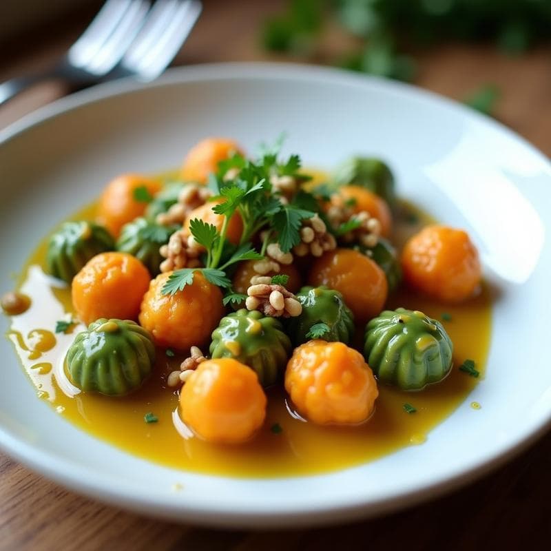 Plato blanco con gnocchi de boniato y espirulina de color verde suave, bañados en una salsa cremosa de mostaza de Dijon, decorados con perifollo fresco y nueces picadas. Receta keto sin gluten.