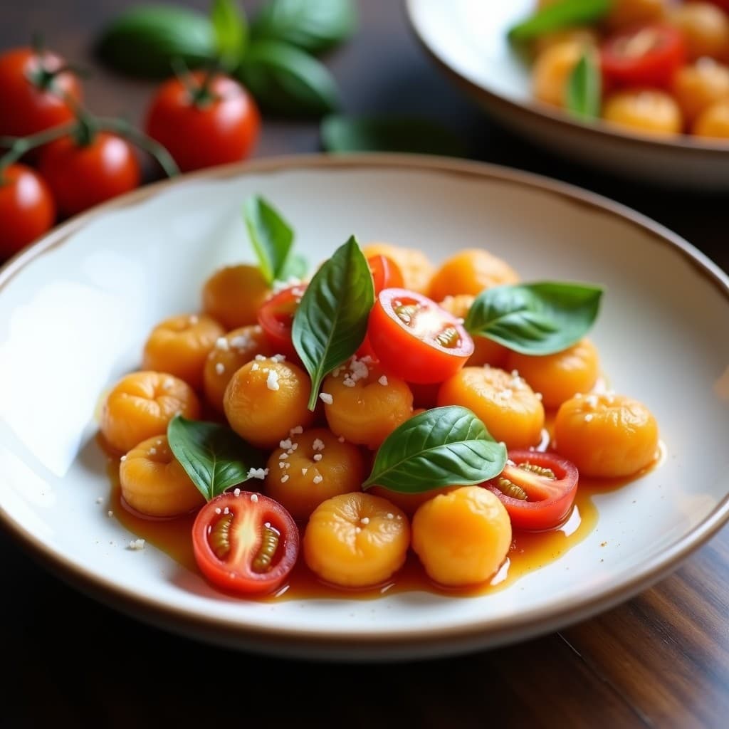 Plato blanco rústico con gnocchi de boniato y harina de mandioca sin gluten, dorados y con surcos de tenedor, servidos con salsa de tomate cherry y albahaca fresca, sobre fondo de madera oscura.