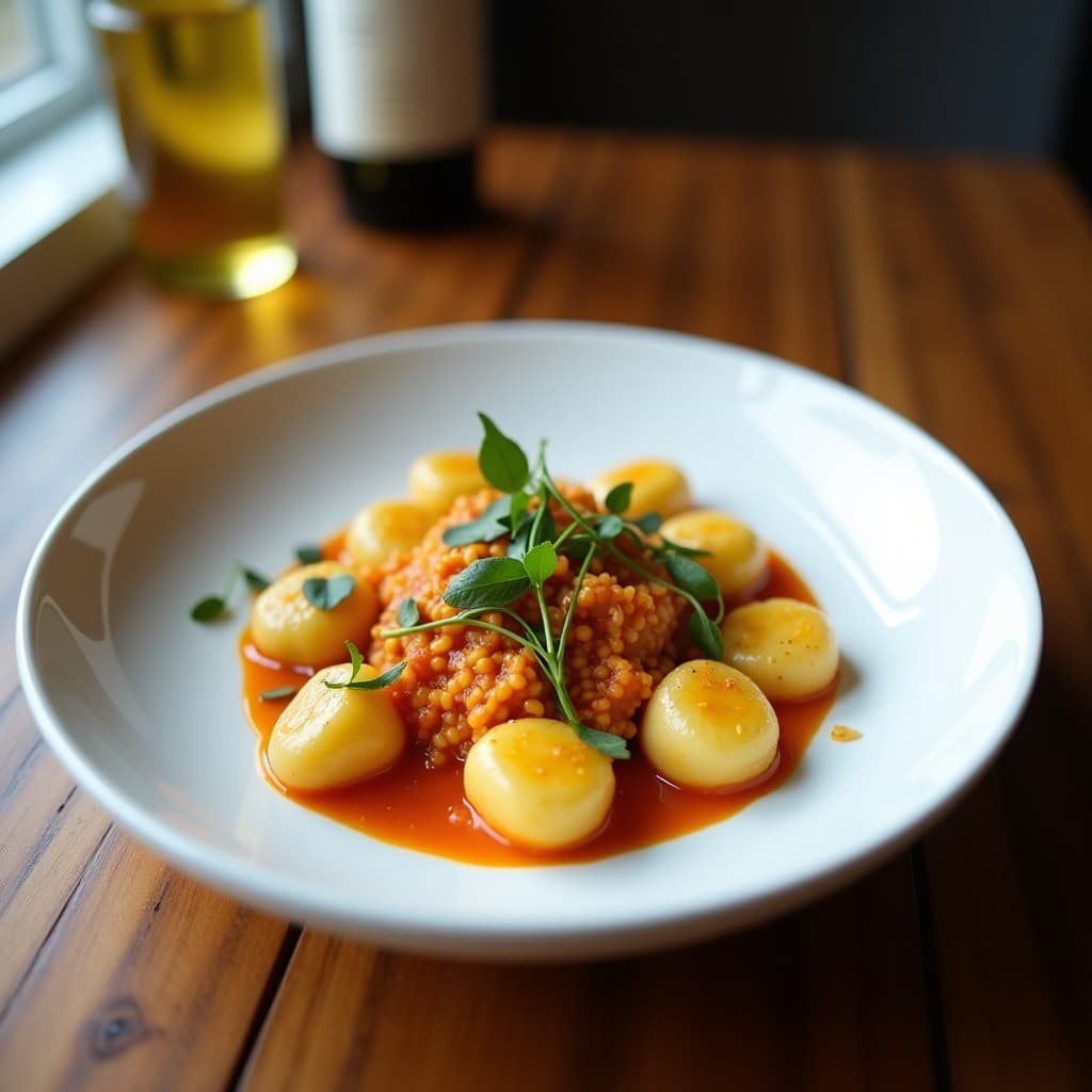 Plato blanco con gnocchi de boniato dorados y crujientes, bañados en salsa de mantequilla de almendras cremosa con hojas de romero fresco. Receta italiana vegana y sin gluten en Airfryer.