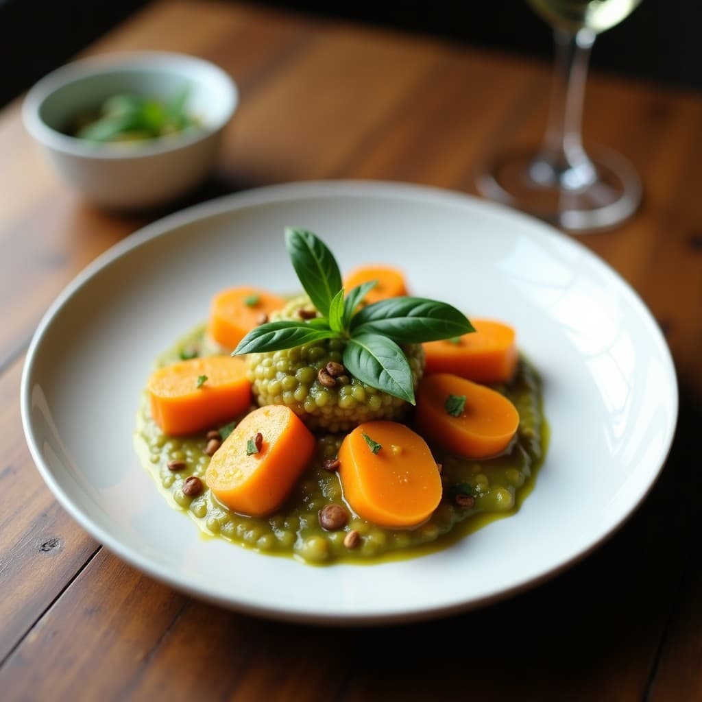 Plato blanco con gnocchi de boniato y mijo dorados, bañados en una salsa cremosa de pistacho y albahaca, decorados con hojas frescas de albahaca y virutas de pistacho. Receta sin gluten en Thermomix.