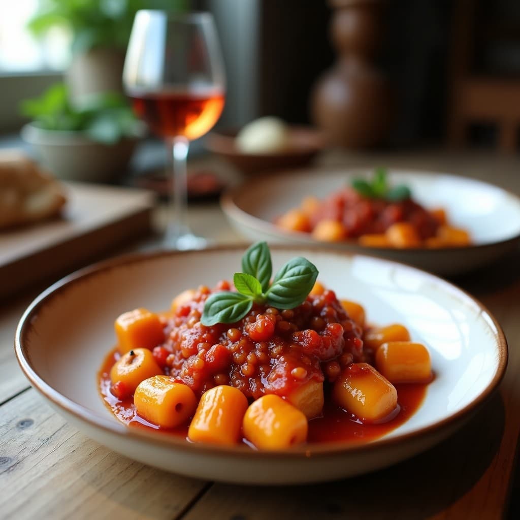 Plato blanco con gnocchi de boniato morado de color violeta intenso, cubiertos con salsa de romesco cremosa y dorada, espolvoreados con perejil fresco. Fondo rústico con servilleta de lino y tenedor de madera.