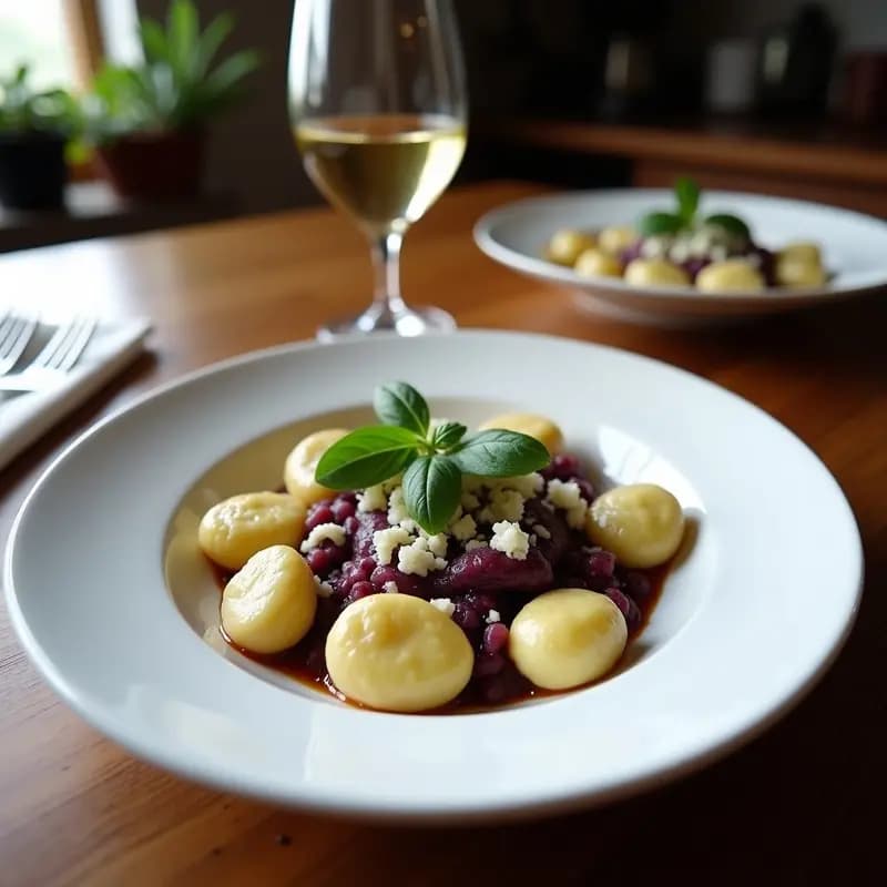 Plato hondo blanco con gnocchi de boniato morado y salvia bañados en salsa cremosa de gorgonzola vegano, decorados con hojas de salvia fresca y un toque de pimienta negra. Receta italiana sin huevo en Thermomix.
