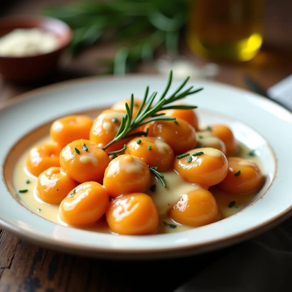 Plato blanco hondo con gnocchi de boniato dorados, cubiertos de una salsa cremosa de queso de almendra y hojas de romero fresco, acompañados de un toque de aceite de oliva virgen extra. Receta italiana sin lácteos y esponjosa.