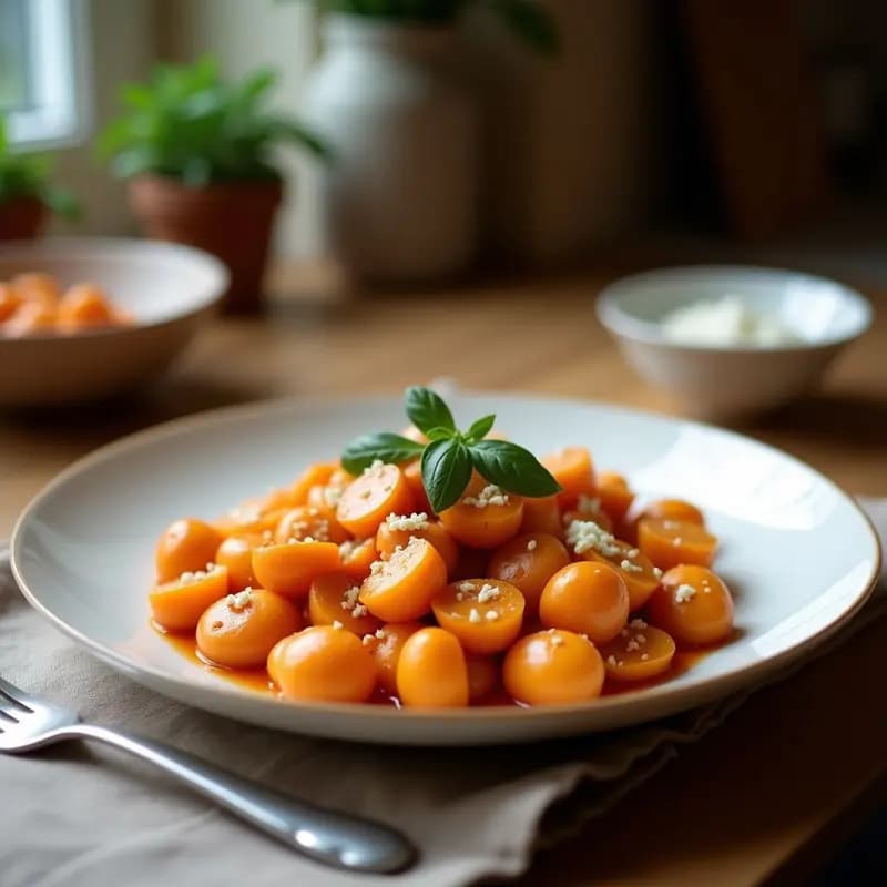 Plato blanco rústico con gnocchi de boniato y queso de cabra sin gluten dorados, almendras tostadas y miel de tomillo, decorados con hierbas provenzales y queso de cabra desmenuzado.