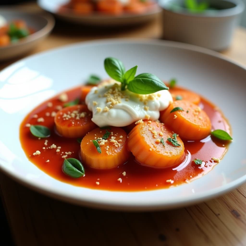 Plato hondo de cerámica blanca con gnocchi de boniato dorados, cubiertos de salsa de tomate casera y ricotta de almendras cremosa, decorados con hojas de albahaca fresca. Receta de gnocchi vegano en olla lenta.