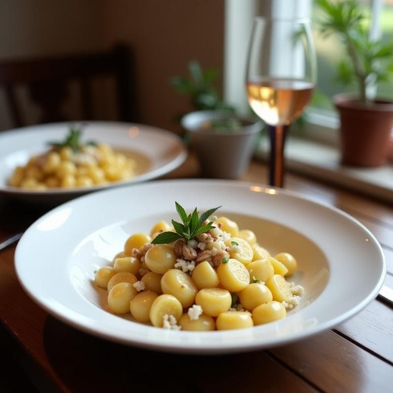 Plato blanco con gnocchi de boniato dorados, bañados en una salsa cremosa de gorgonzola y trocitos de nueces tostadas, decorado con un hilo de aceite de oliva.