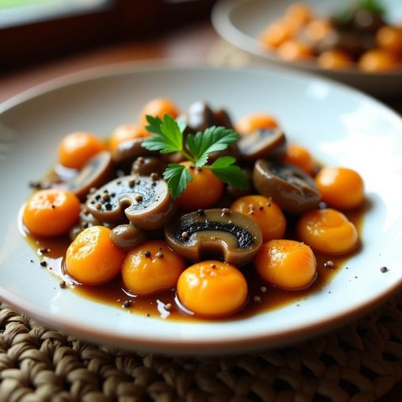 Plato hondo de cerámica blanca con gnocchi de boniato dorados cubiertos de salsa cremosa de hongos portobello, decorados con perejil fresco y un hilo de aceite de oliva virgen extra. Receta italiana vegana y sin gluten.