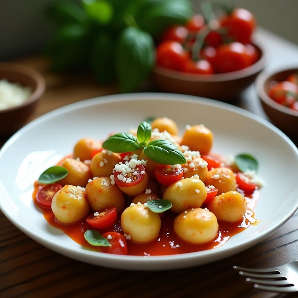 Plato blanco con gnocchi dorados de calabacín y queso de cabra, bañados en salsa de tomate cherri brillante, decorados con hojas de albahaca fresca y virutas de queso de cabra, receta en airfryer sin harina.