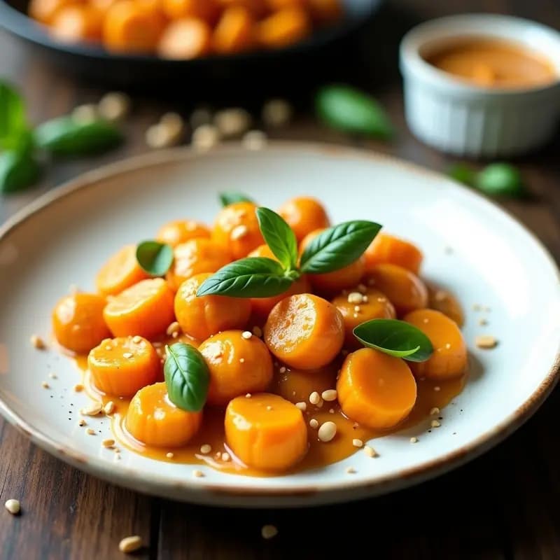 Plato blanco hondo con gnocchi de camote dorados, bañados en una salsa cremosa de butter de maní y albahaca fresca, decorados con hojas verdes y semillas de sésamo. Receta vegana y sin gluten de gnocchi de camote con butter de maní.