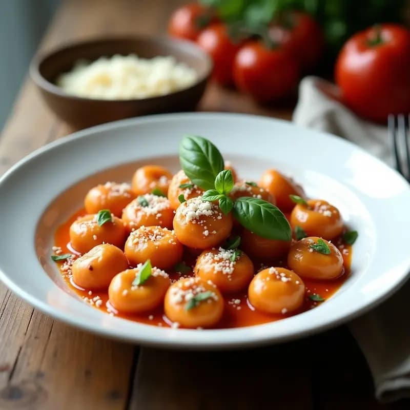 Plato blanco con gnocchi de camote y ricotta sin harina, dorados y esponjosos, servidos con salsa de tomate fresco, albahaca picada y queso parmesano rallado. Receta italiana alta en proteína.