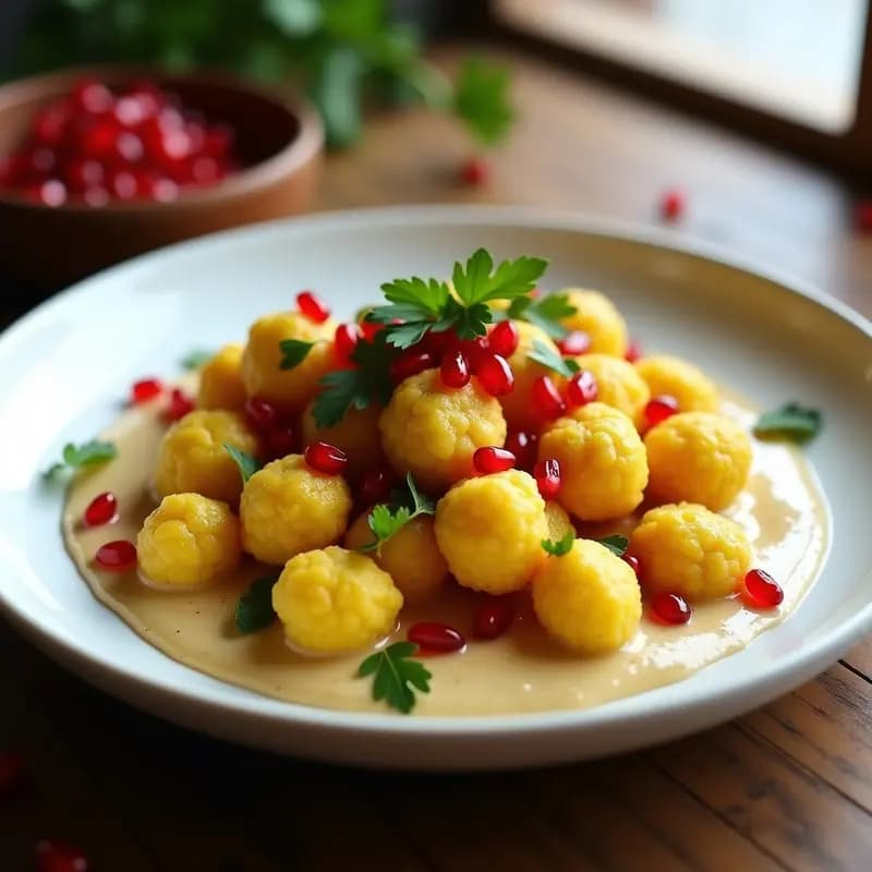 Plato blanco con gnocchi de coliflor dorados y esponjosos, bañados en salsa de tahini cremosa, decorados con granos de granada rojos y perejil fresco. Receta keto antiinflamatoria.