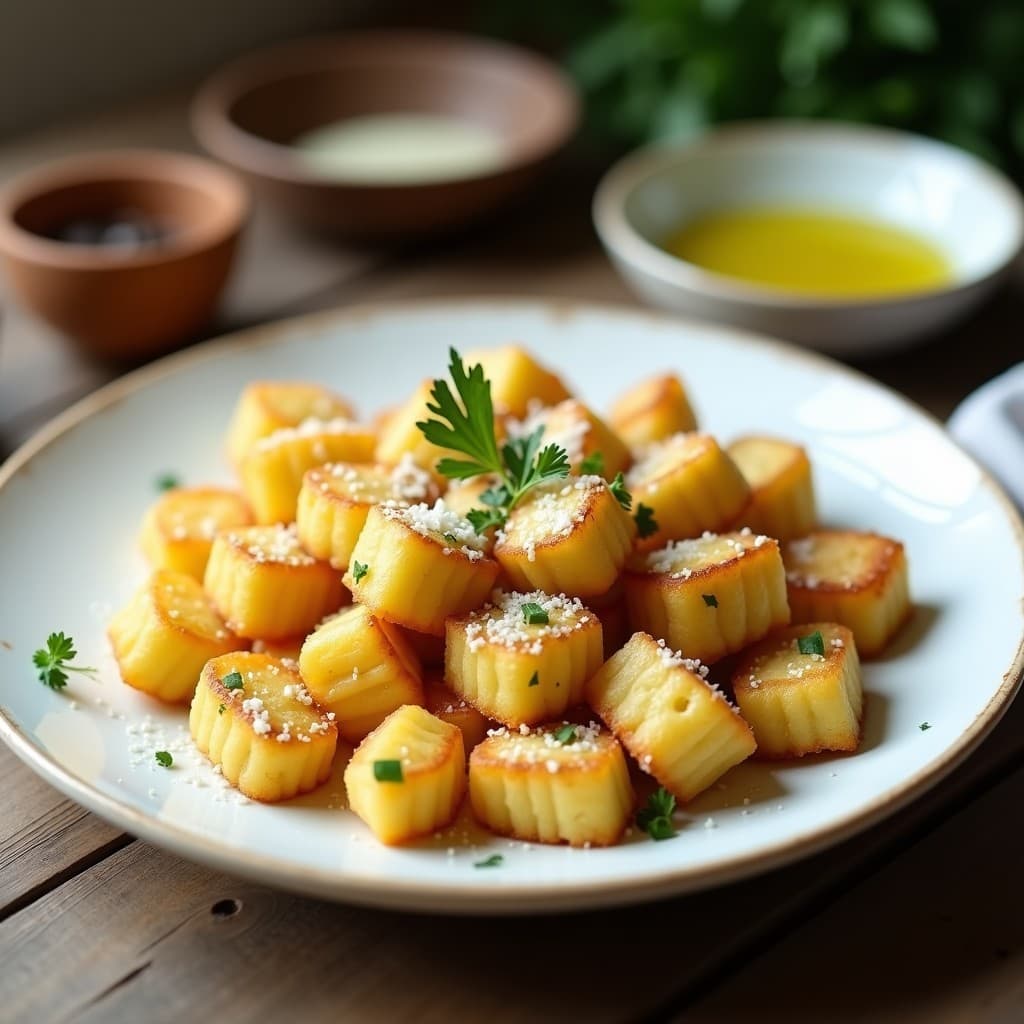 Gnocchi de coliflor dorados y crujientes servidos en un plato blanco, espolvoreados con queso parmesano rallado y perejil fresco picado, receta keto en airfryer sin harina.