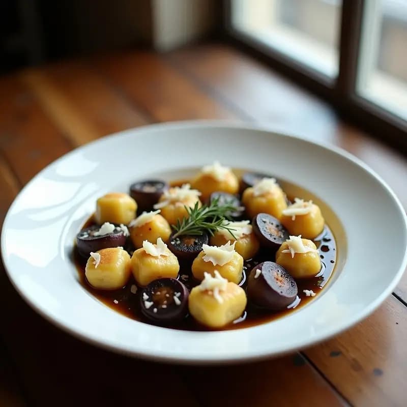 Plato blanco con gnocchi de coliflor y ñame dorados en airfryer, bañados en salsa cremosa de trompeta de la muerte, decorados con virutas de parmesano y tomillo fresco. Receta italiana low carb.