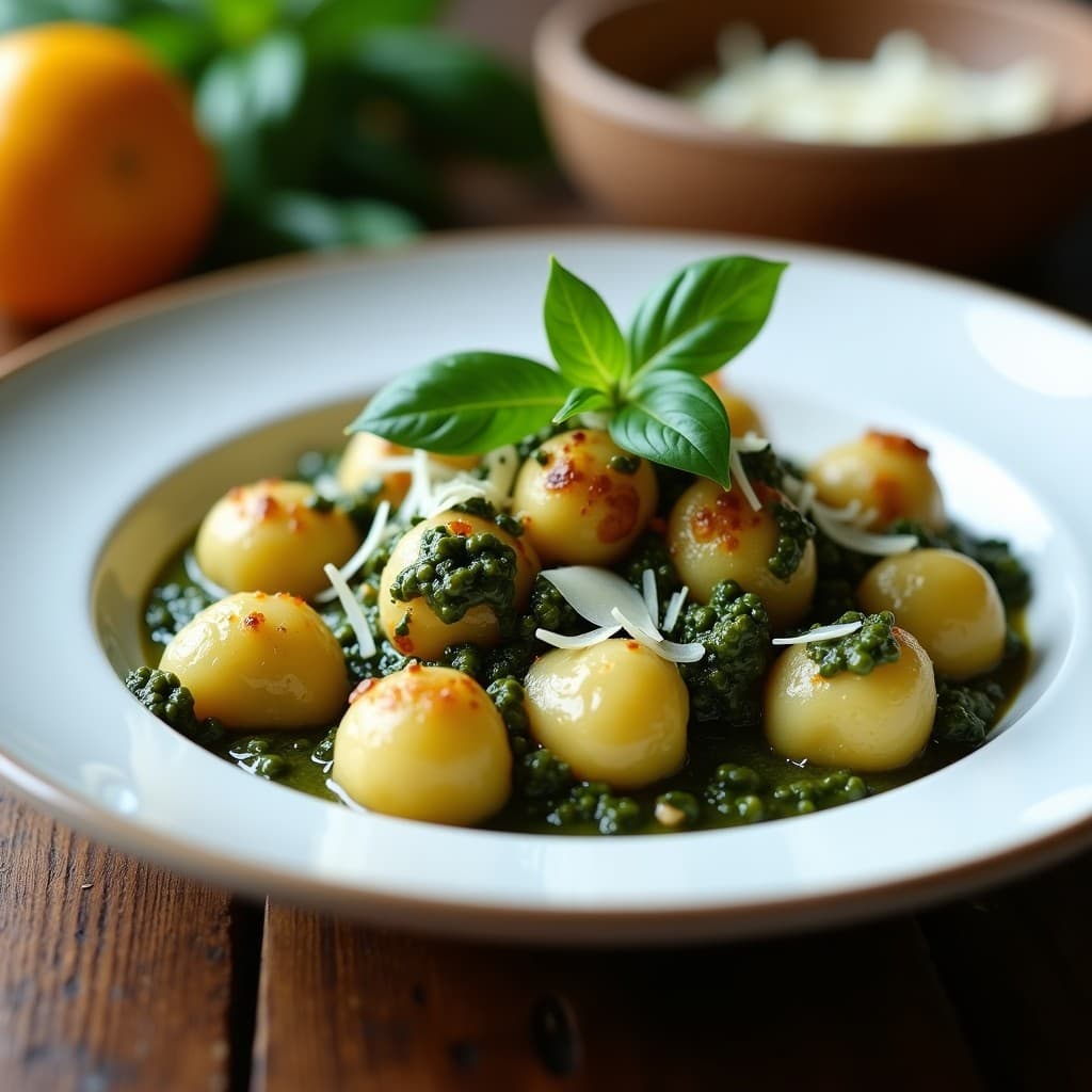 Plato blanco con gnocchi de coliflor dorados, bañados en pesto de albahaca negra de color verde oscuro, decorados con virutas de parmesano y hojas de albahaca fresca. Receta italiana keto baja en carbohidratos.