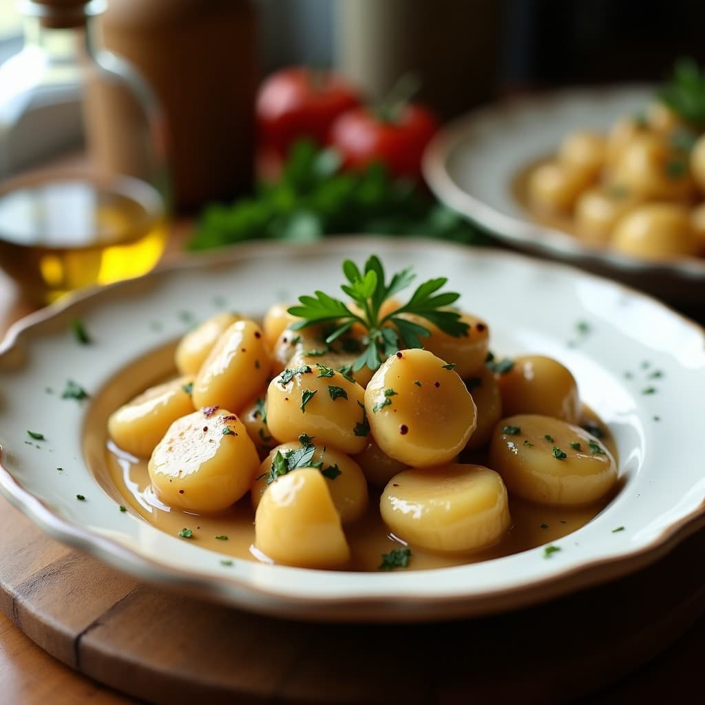 Plato blanco con gnocchi de coliflor dorados, bañados en una salsa oscura y brillante de hongos shiitake, decorados con perejil fresco y virutas de parmesano, sobre un fondo rústico de madera.