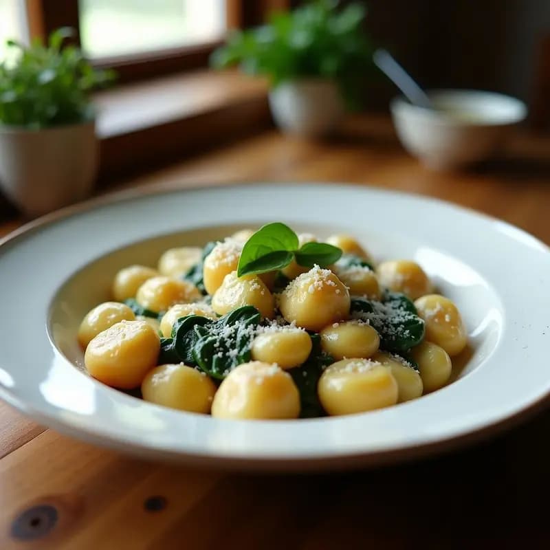 Plato hondo blanco con gnocchi de espinaca y ricotta al horno, dorados y cubiertos de salsa bechamel cremosa y parmesano rallado, con espinacas frescas de decoración.