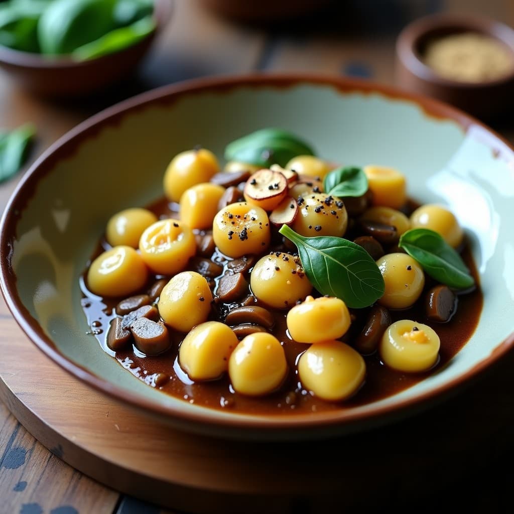Plato hondo de barro con gnocchi de mandioca y espinacas bañados en salsa de hongos shitake brillante, decorado con perejil fresco. Receta brasileira sin gluten con tonos terrosos y verdes vibrantes.